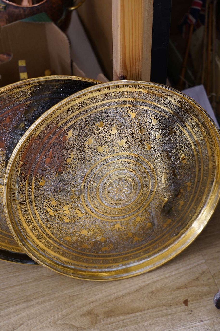 A pair of Far Eastern engraved brass rectangular trays, a copper coal scuttle and sundry metalware. Condition fair